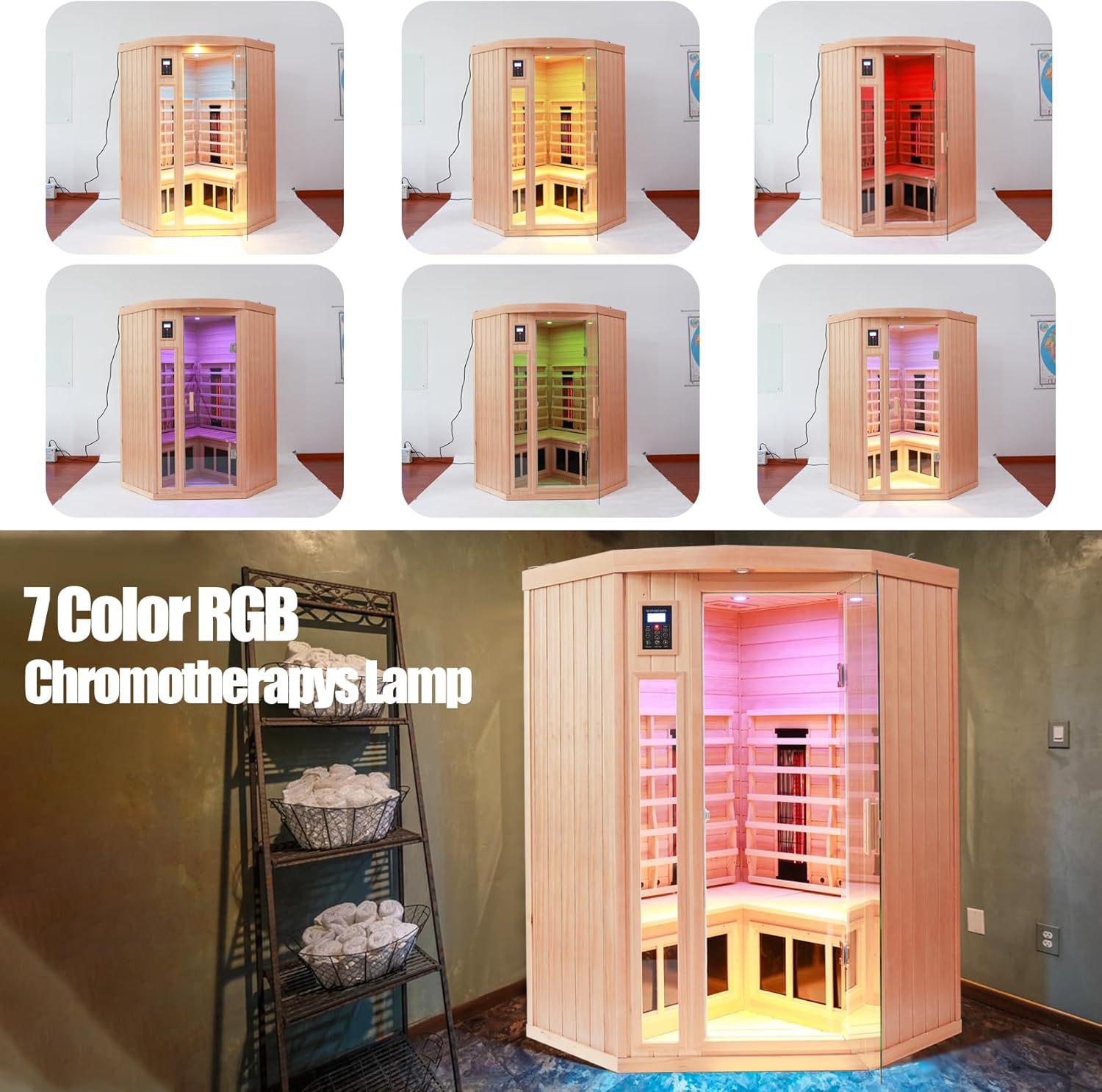 Ceramic Infrared Sauna 2-3 Person Infrared Saunas for Home Low EMF Indoor Home Sauna Spa Hemlock Wooden Corner Sauna Room with Bluetooth Speakers, LED Reading Lamps, Chromotherapy Lights