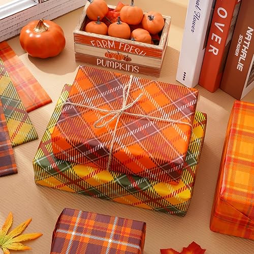 Miniatura 4 de Whaline 100 piezas de papel de regalo de casa de campo, color naranja y marrón, papel de regalo de granja, embalaje retro de Acción de Gracias, Pap