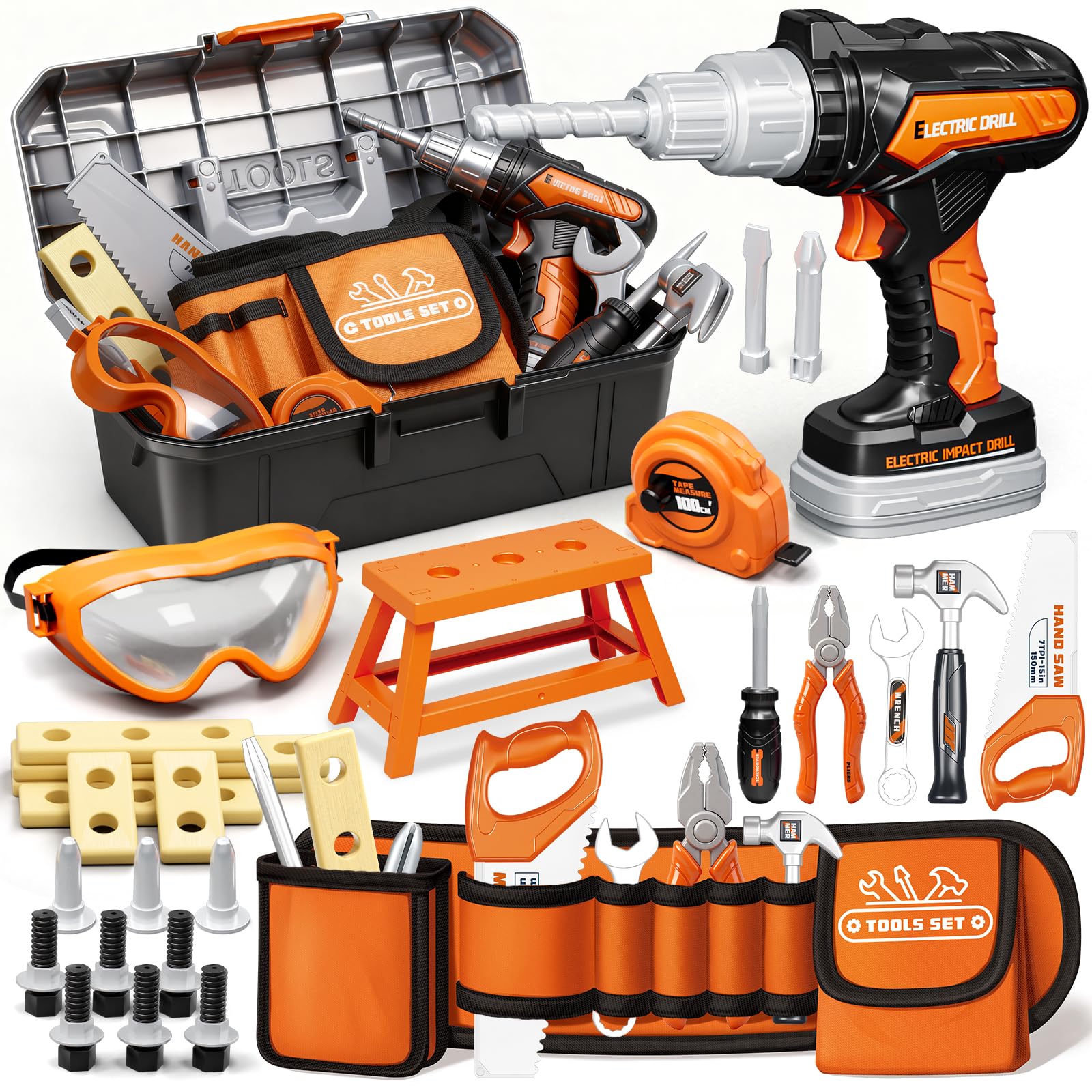 KidBloom Kids Tool Set with Tool Belt, 50 PCS Tool Box with Drill Toy, Construction Tool Toys, Toys for 3 4 5 Year Old Boys Girls Gifts