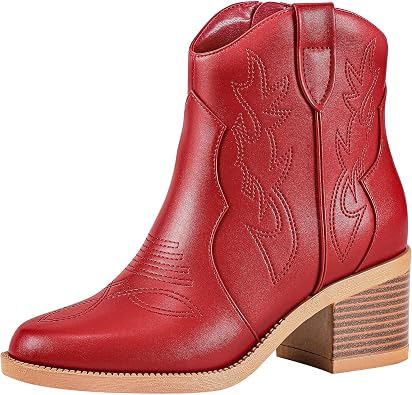 PIZZ ANNU Womens Embroidered Western Cowboy Boots Cowgirl Round Toe Short Ankle Boots Ladies Fashion Retro Classic Booties Chunky Heels