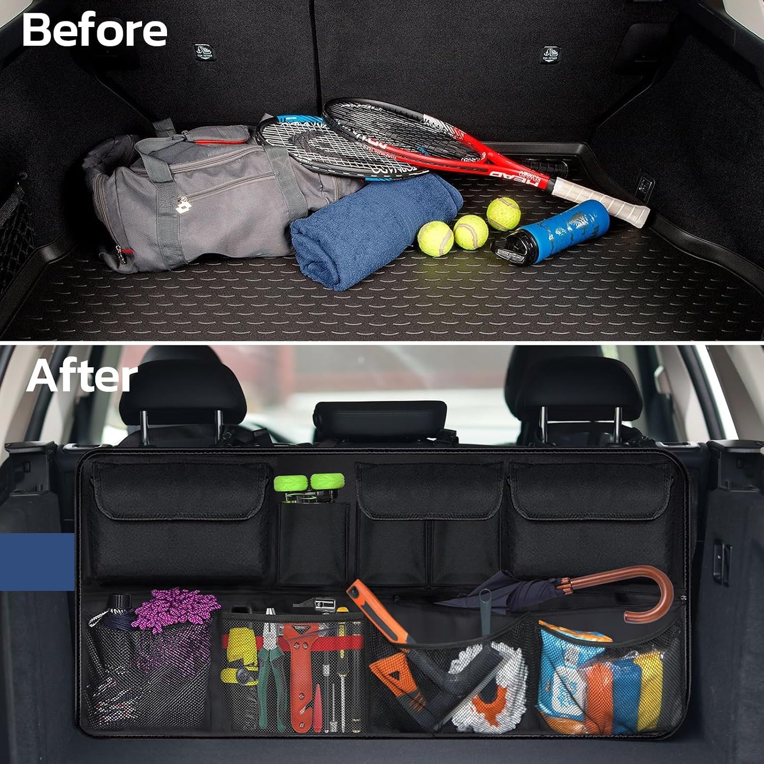 Car Trunk Organizer with Lid, SUV/Truck Compatible, Large Capacity, 6 Pockets & 3 Mesh Pouches
