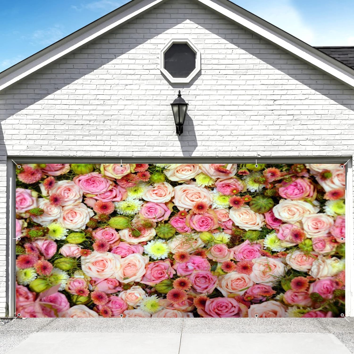 Floral Garage Door Cover Banner Decorations Backdrop 7x16ft Large Pink White Rose Wall Spring Colorful Flowers Garage Door Cover Outdoor Birthday Party Baby Shower Wedding Garage Door Photo Background