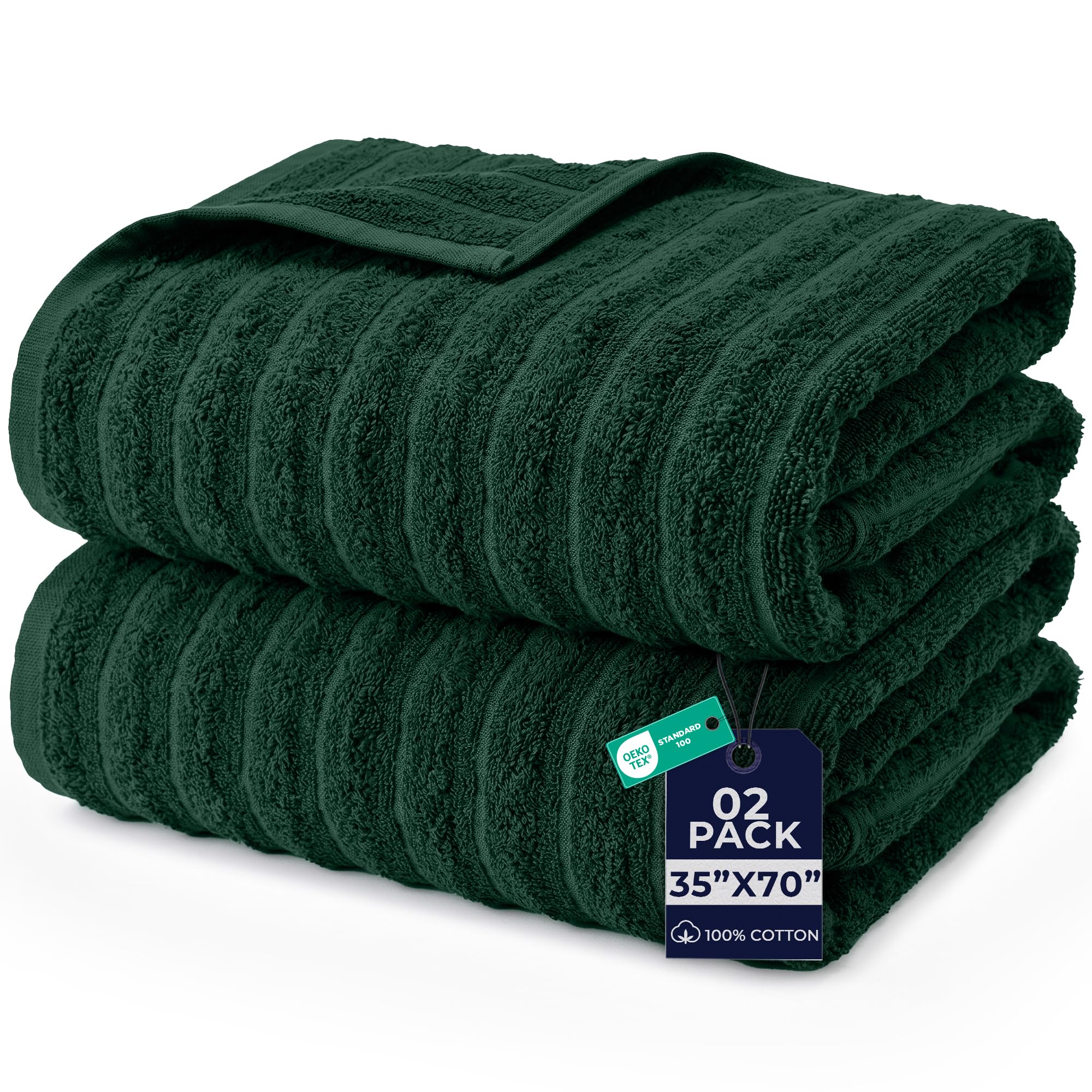 DAN RIVER Ribbed Extra Large Bath Sheets Pack of 2, 35 x 70 Inches, H-Green