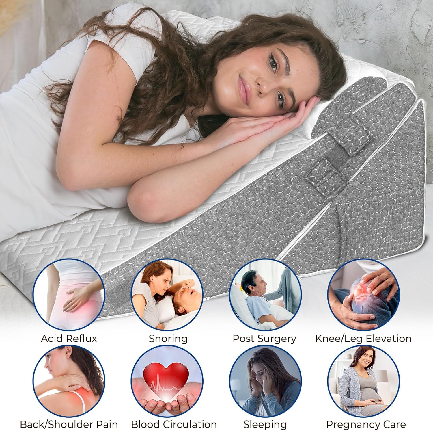 GUWELL Wedge Pillow Headboard for Sleep, 3PCS Adjustable Bed Wedge Pillow for Acid Reflux&Back Pain Relief, Sleeping, Back Pillow for Bed Sitting Up, 12inch/White/Grey