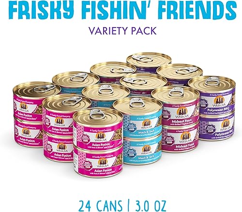 Vista 2 de Weruva Frisky Fishin' Friends - Alimento clásico para gatos, paquete variado, comida húmeda para gatos, latas de 3 onzas (paquete de 24)