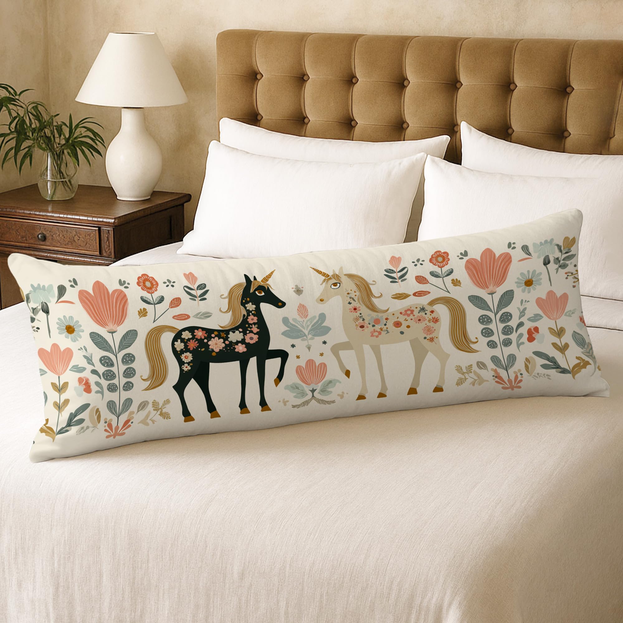 Floral Body Pillow Cover, Magical Unicorns Soft Cotton Lumbar Pillow Case with Zipper, 20x54 Long Body Pillows Decorative for Kids Bedroom Sofa 20x54 Inch