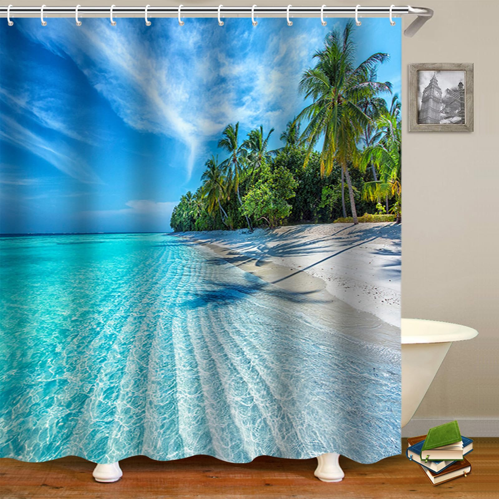 FAIRYGATE Long Shower Curtains Waterproof Shower Curtain Sunshine Beach Fabric Bathroom Set including 12pcs Hooks Home Decoration Mould and Mildew Resistant Quick-Drying 100% Polyester B8815