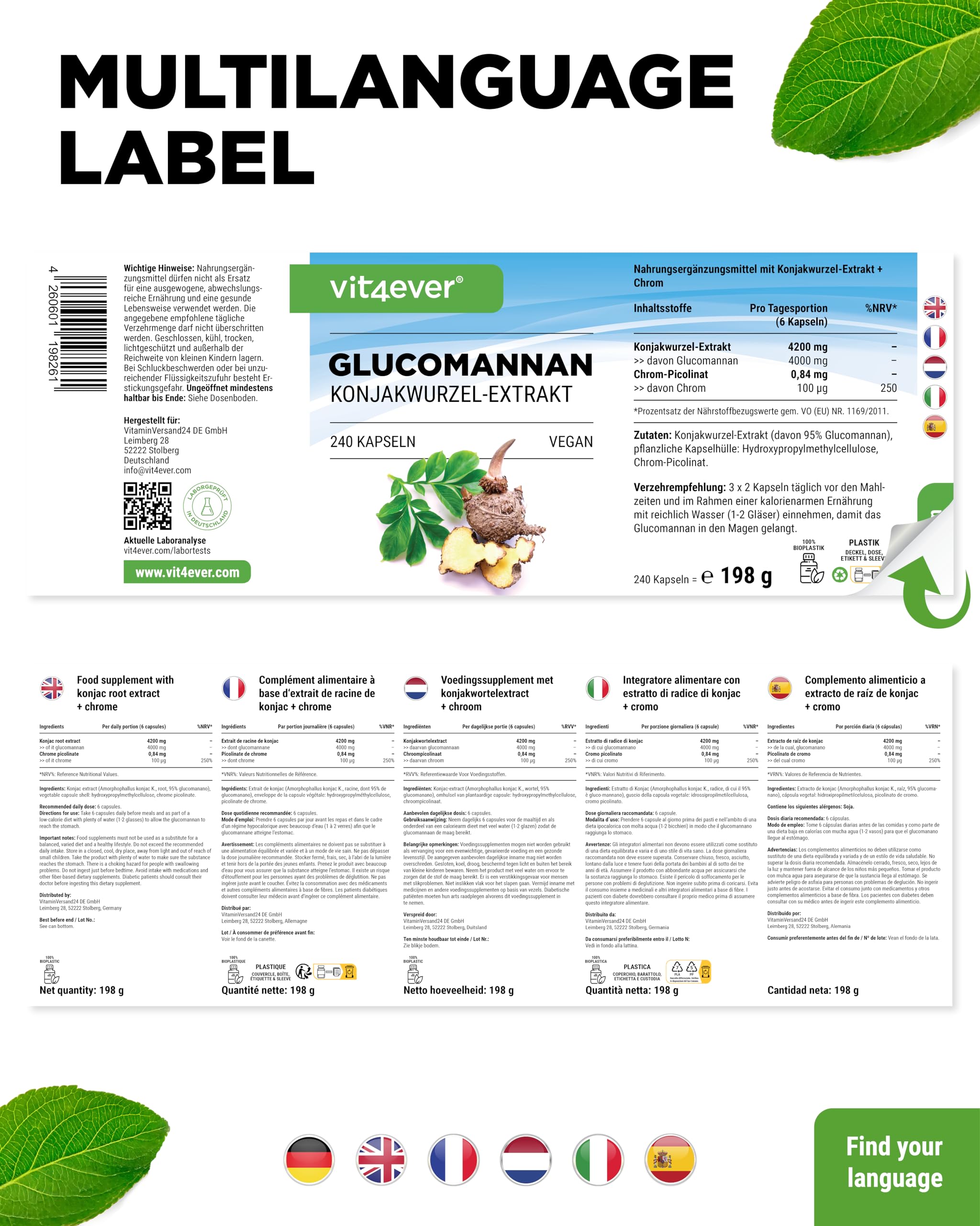 vit4ever Glucomannan Konjak-Wurzel - 240 Kapseln - 4200 mg Tagesportion | mit Chrom optimiert, hochdosiert, vegan