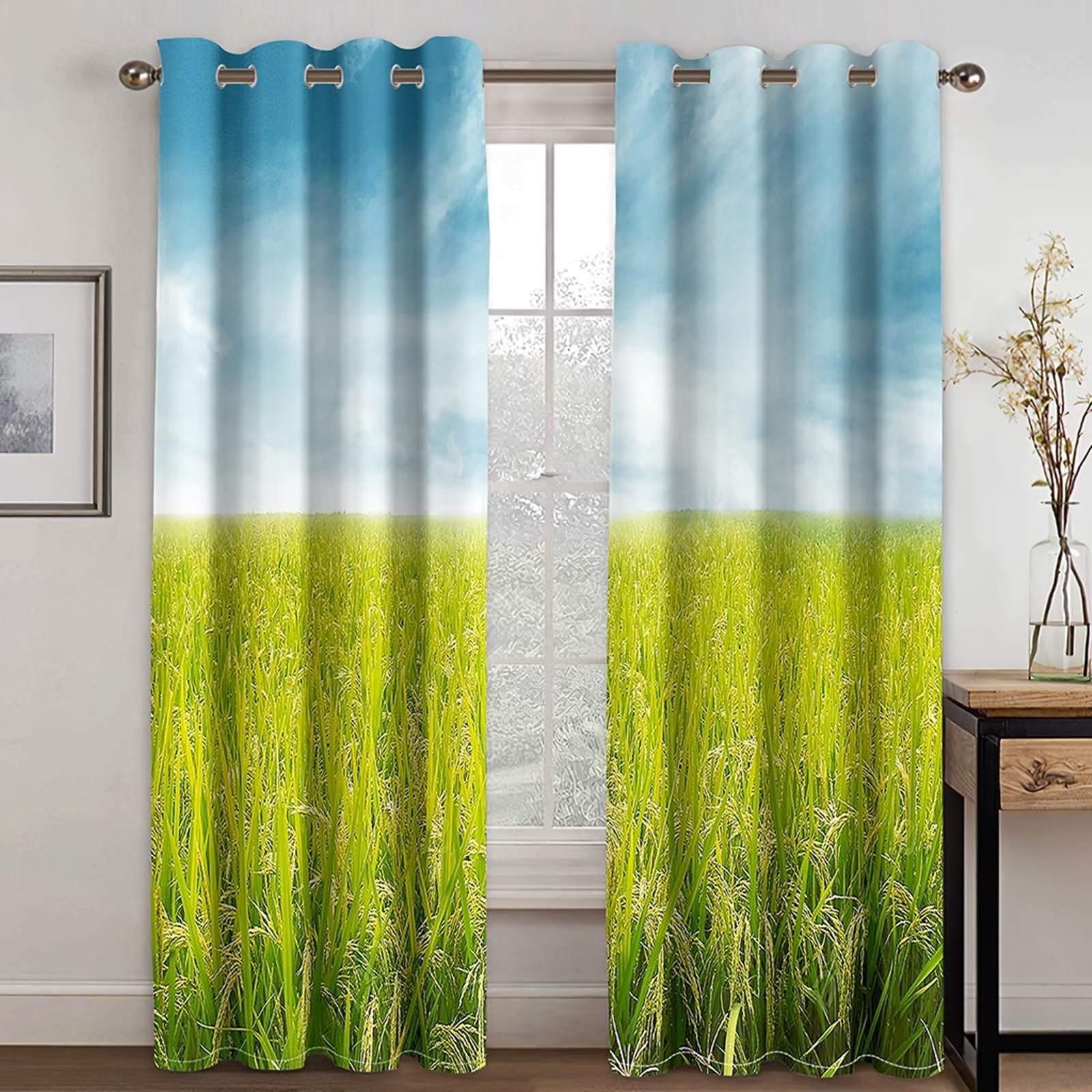 Zasłony kuchenne, zasłony na drzwi przesuwne kuchnia niebieskie zielone niebo i pole ryżowe poliester 2 panele 213 x 213 cm