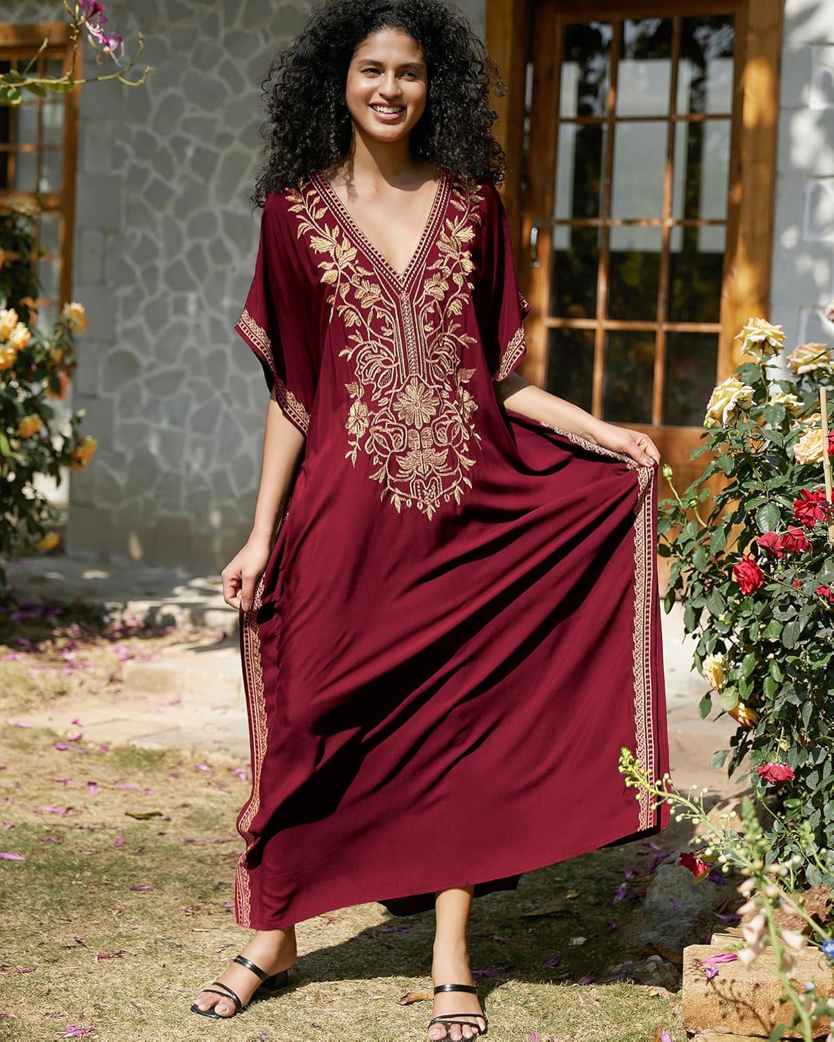 Bsubseach Kaftan Cover Ups for Swimwear Long Caftan Loungewear Gold Embroidery Swimsuit Cover Up Dress