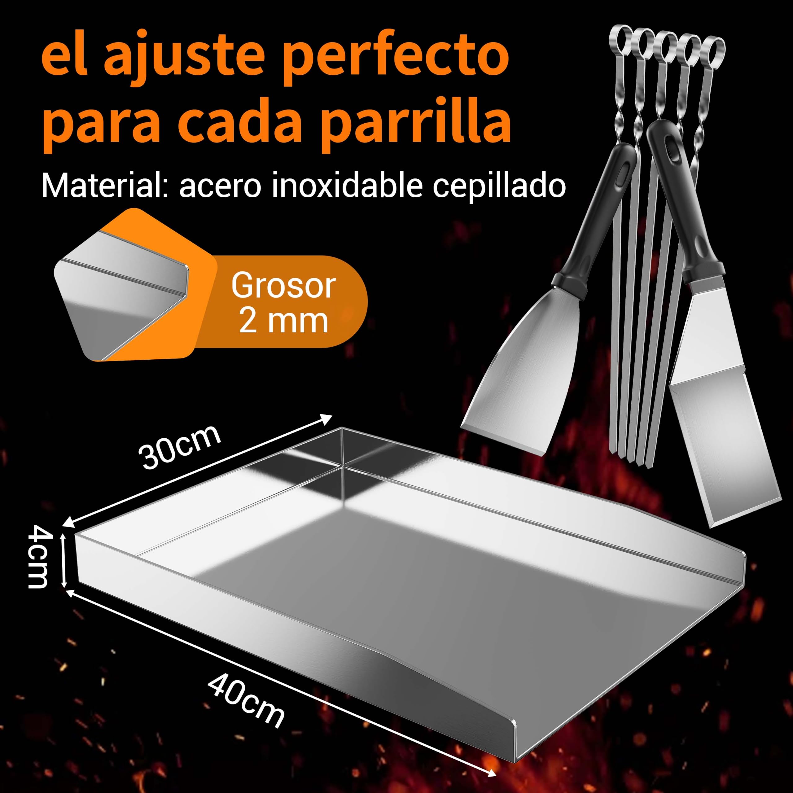 Plancha de Acero Inoxidable - Gruesa y Antioxidante, Incluye 2 Espátulas y 5 Brochetas - Para la Mayoría de Parrillas de Gas y Carbón (40x30x4CM)