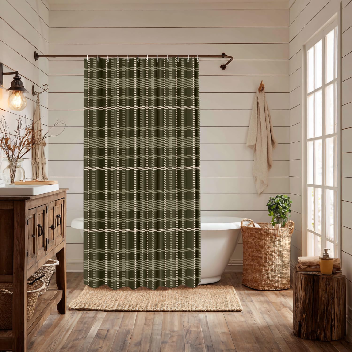 Gray Green Plaid Pattern DecorShower Curtain Set,Scottish Green Brown Retro Tartan Polyester Shower Curtain for Shower Stall Bathroom Waterproof with 12 Hooks 72x72 Inch