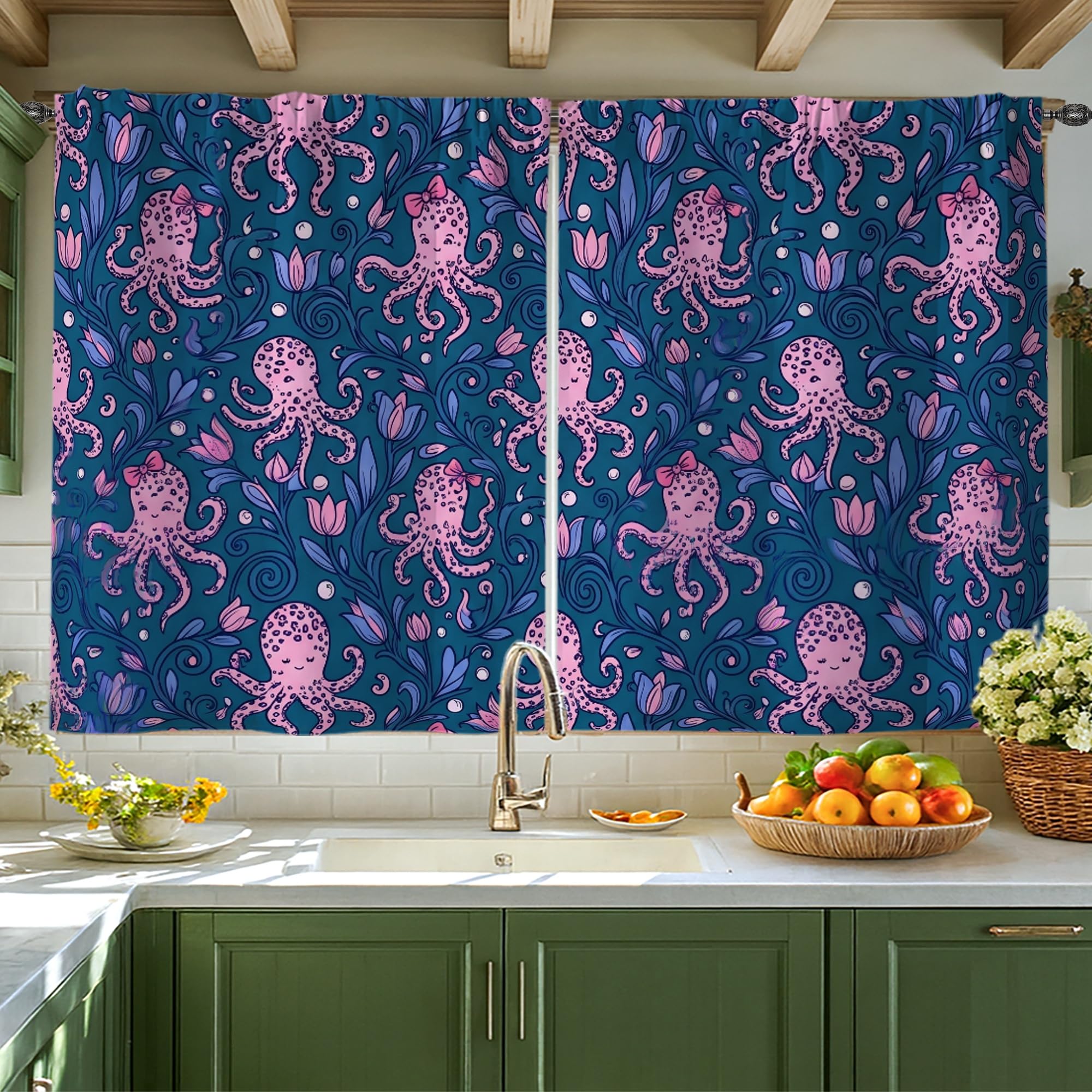 Rideaux de cuisine style nautique fantaisie bleu d'été pour fenêtre 106 x 114 cm