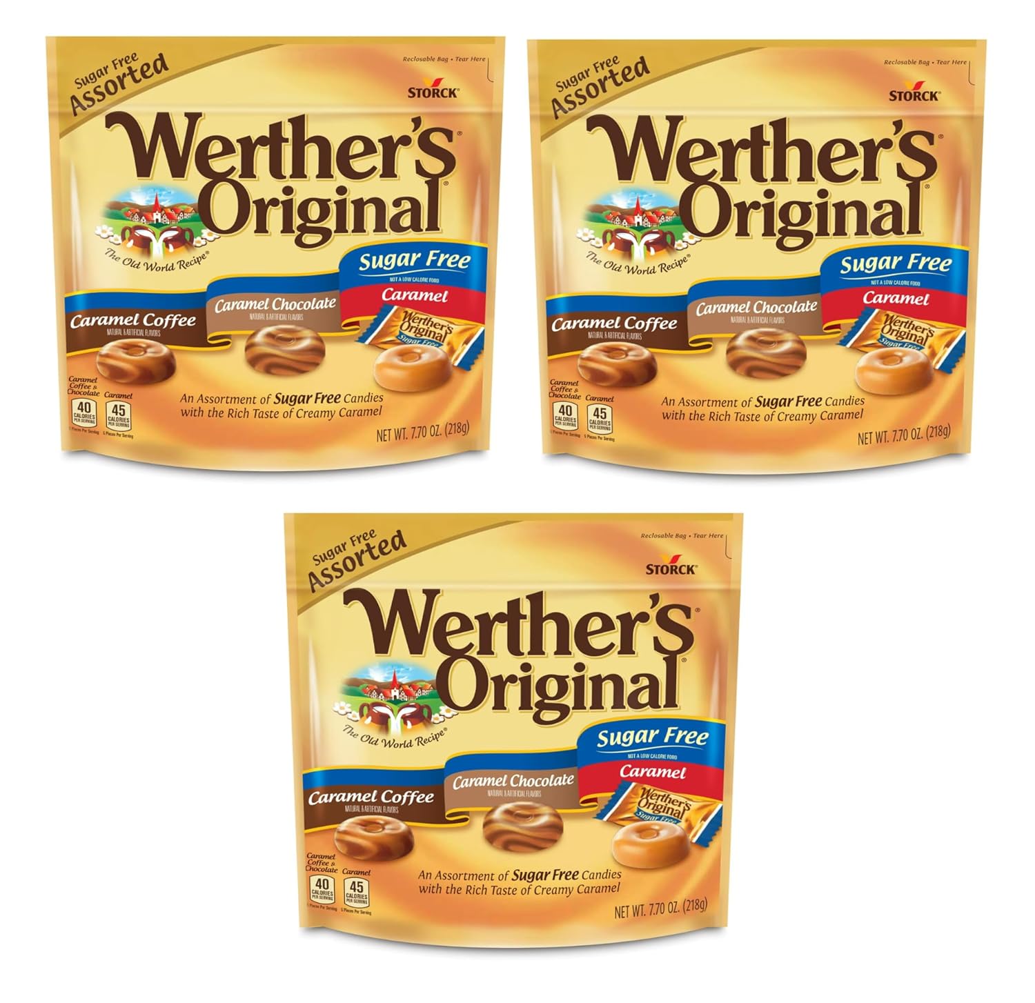 Werther's Original Sugar Free Assorted 7.7 OZ - Pack of 3 - Each bag contains 3 Flavors - Caramel, Caramel Chocolate, and Caramel Coffee