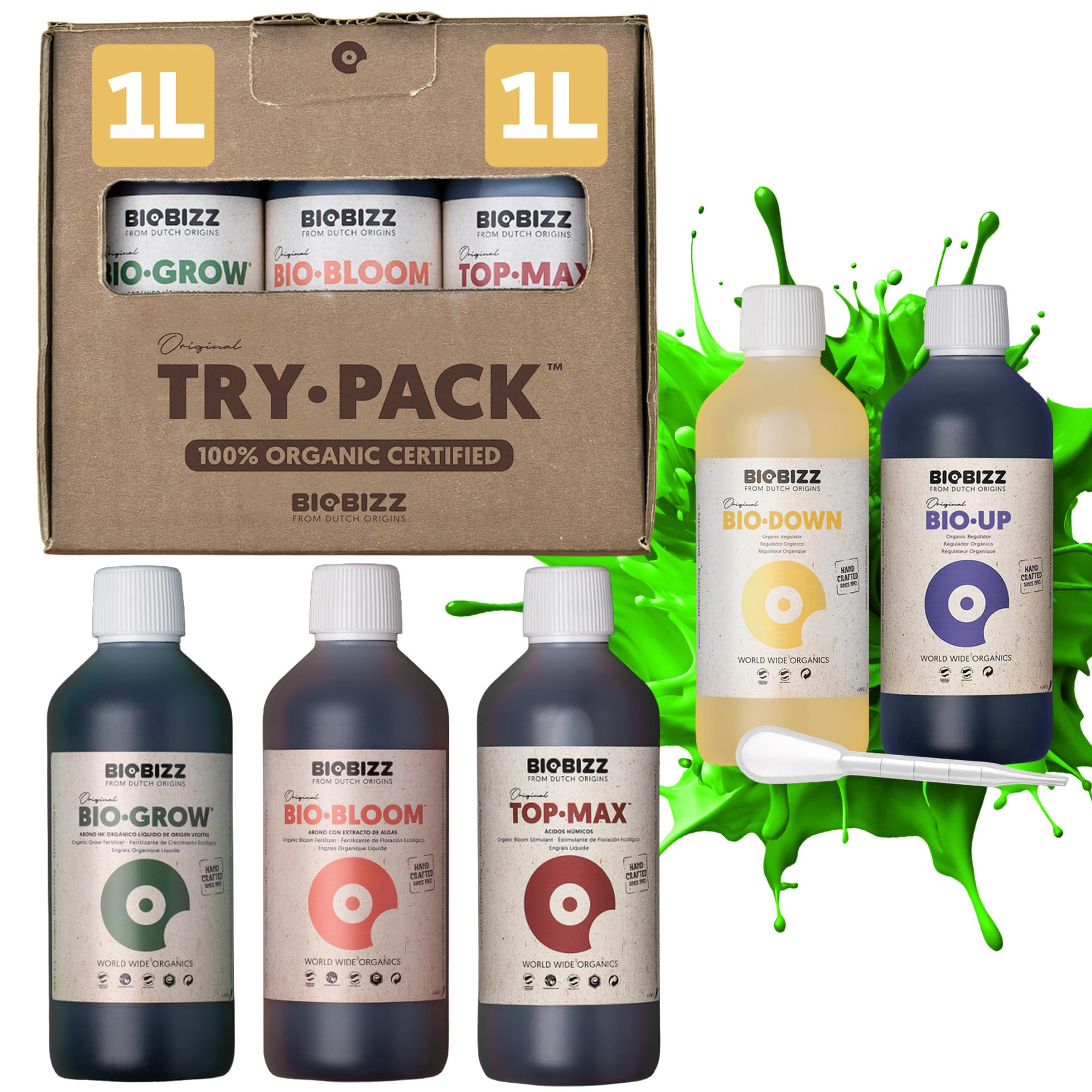 Biobizz XXL Trypack Indoor Set mit Bio Bloom, Bio Grow und Top Max je 1L und Bio Up, Bio Down je 250ml inklusive Messpipette