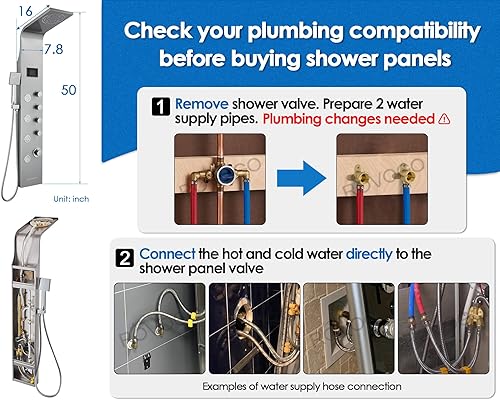 Miniatura 14 de ROVOGO Sistema de torre de panel de ducha, diseño unibody, ducha de niebla de lluvia, chorros corporales, boquilla de mano y bañera, no necesita