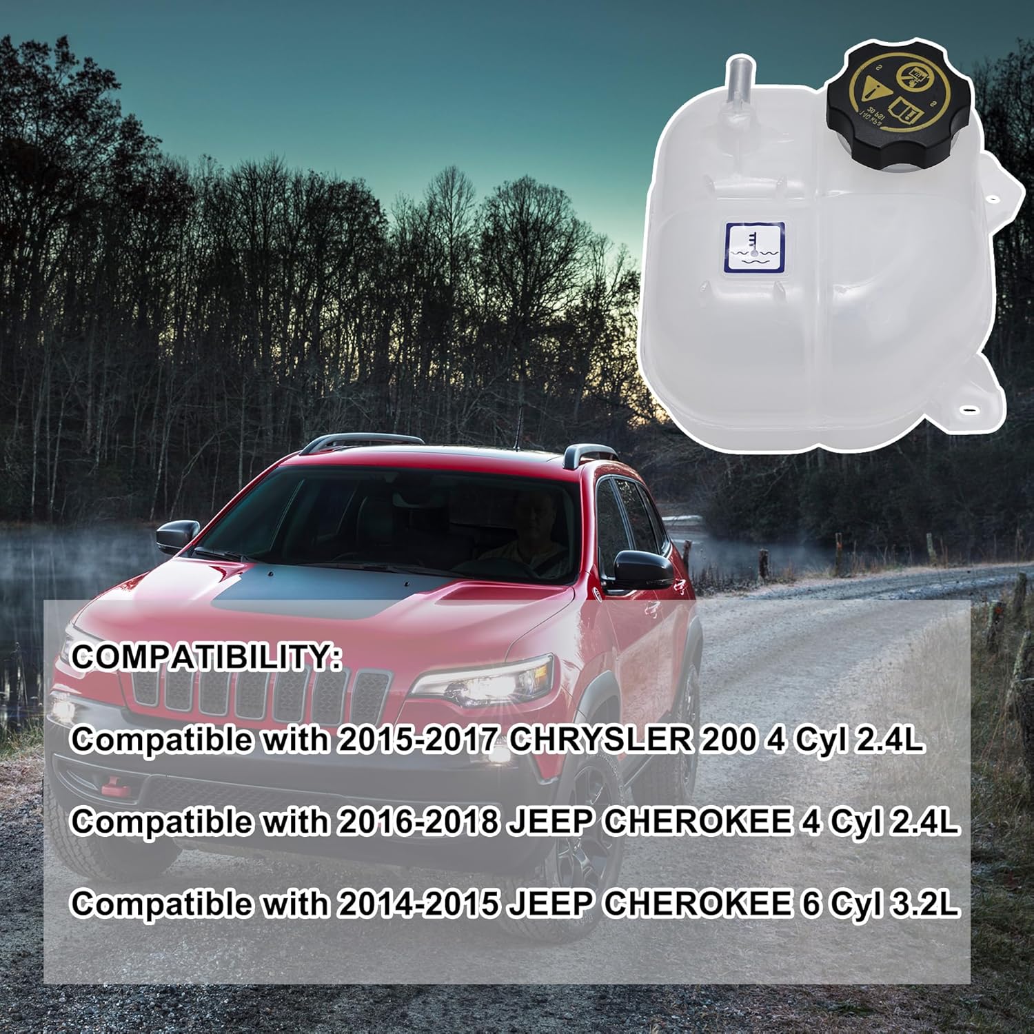 603-838 Engine Coolant Reservoir with Cap Compatible with Chrysler 200 2015 2016 2017, Jeep Cherokee 2014 2015 2016 2017 2018, Pressurized Overflow Recovery Expansion Tank, OEM 68096261AA