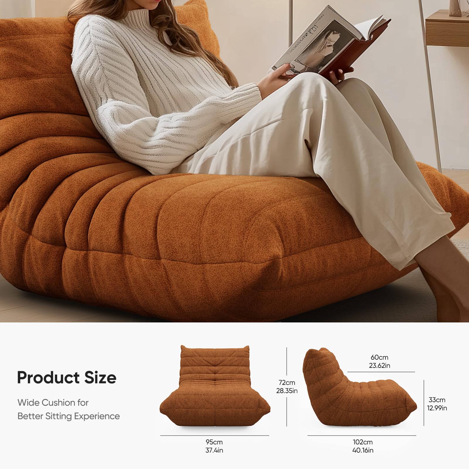 cebihy Fireside Togo Sofa Bean Bags Chair for Adults Giant BeanBag Chairs Floor Couch for Living Room Bedroom Dorm Office, Compression Togo Couch, No Assembly Required, Orange