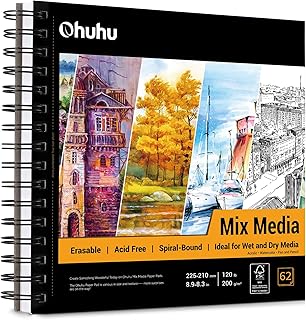 Mix Media Pad, Ohuhu 210x225mm Mixed Media Art Sketchbook, 120 LB/200 GSM Heavyweight Papers 62 Sheets/124 Pages, Spiral B...