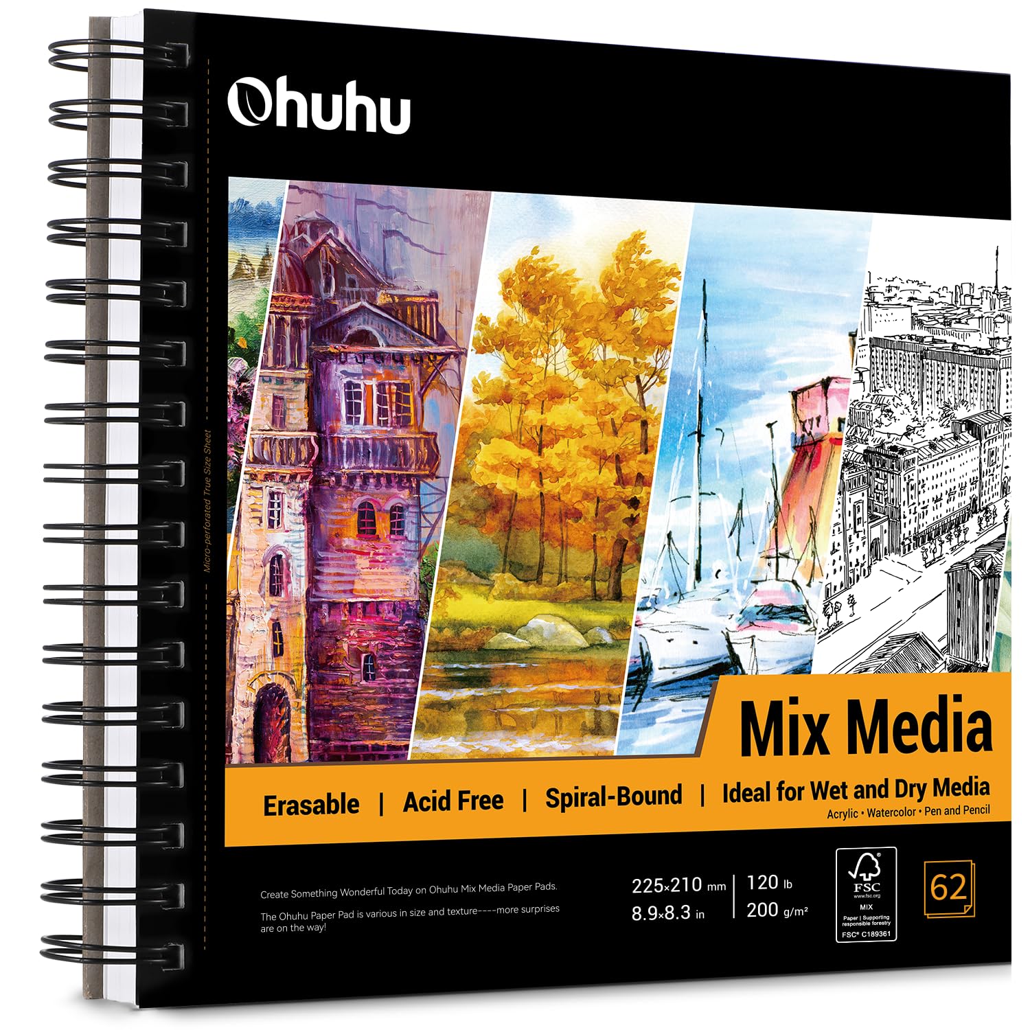 Mix Media Pad, Ohuhu 8.9"×8.3" Mixed Media Art Sketchbook, 120 LB/200 GSM Heavyweight Papers 62 Sheets/124 Pages, Spiral Bound Mixed Media Paper Pad for Acrylic, Watercolor, Pen and Pencil Painting