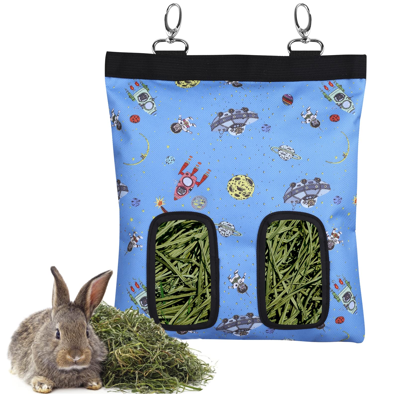 Rabbit Hay Feeder Bag Guinea Pigs Hanging Hay Rack Manger Holder Dispenser Small Animal Feeder Storage Pouch for Bunny Chinchilla Hamster (2 Windows, Pattern Black) — view 12