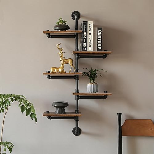 Estantería de tubería industrial, estantes de tubería con tablones de madera, estantes flotantes de esquina montados en la pared, estante industrial