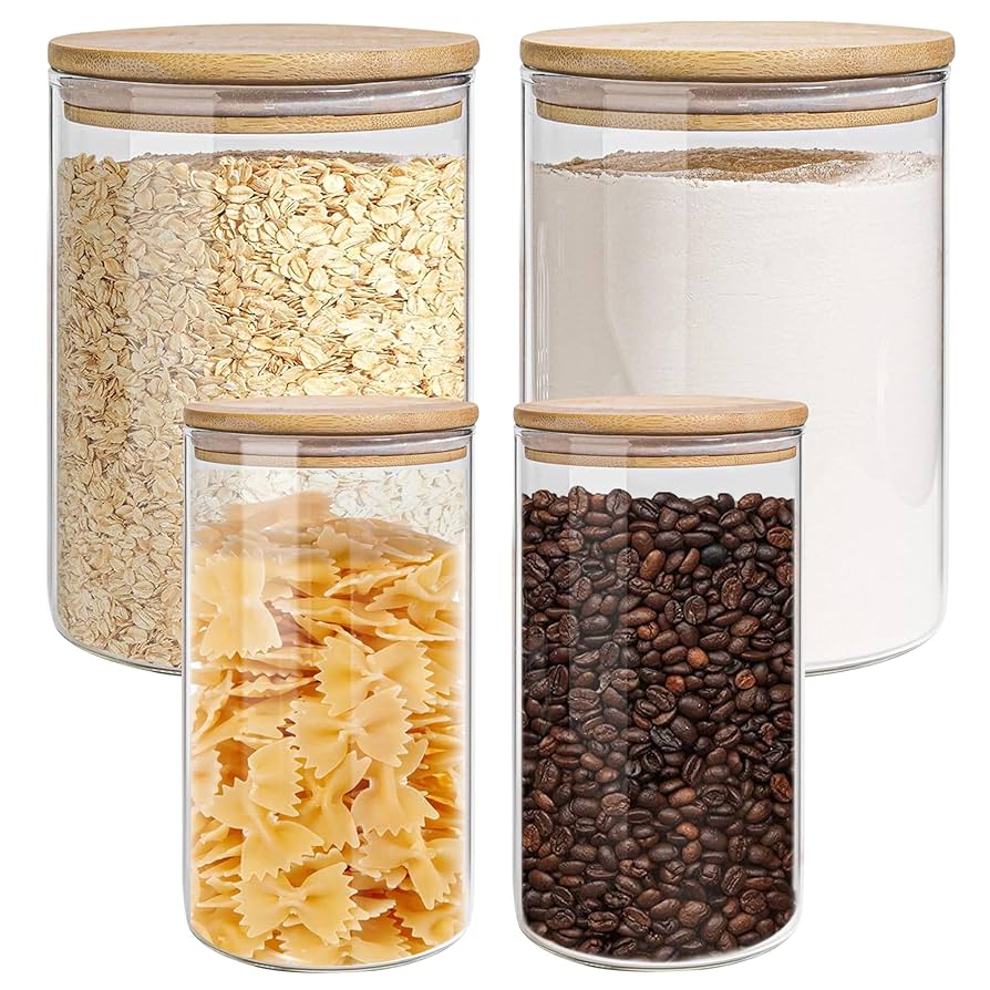 Glass Storage Jars Set Elegant Containers with Airtight Bamboo Lids, Perfect for Kitchen Organization - Flour, Rice, Pasta, Sugar, Coffee Beans (2 packs(37oz) / 2 packs(111oz))
