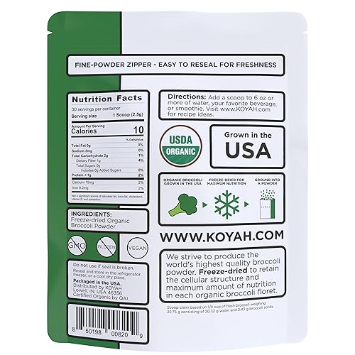 Miniatura 2 de KOYAH - Polvo de brócoli orgánico cultivado en Estados Unidos (1 cucharada equivalente a 1/4 taza fresca): 30 cucharadas, liofilizado, polvo de