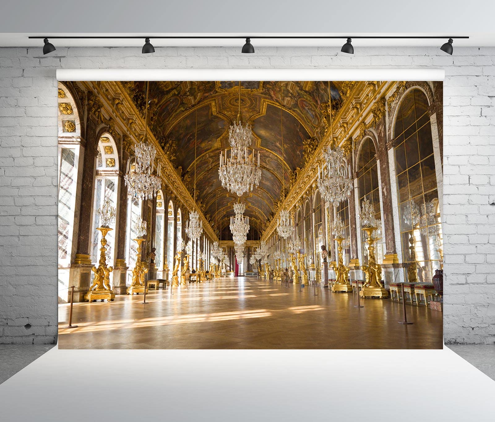 BELECO 3x2m Tissu Château Royal de Versailles Toile de Fond La Galerie des Glaces France Miroir Galerie Toile de Fond Lustre de Luxe Sculpture Plafond Mural Anniversaire Mariage Photoshoot