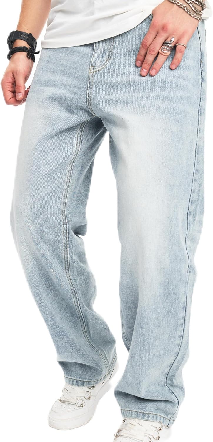 WEIBUMAOYI Men's Wide-Leg Jeans Straight Leg Carpenter Denim Pants Loose fit Trousers