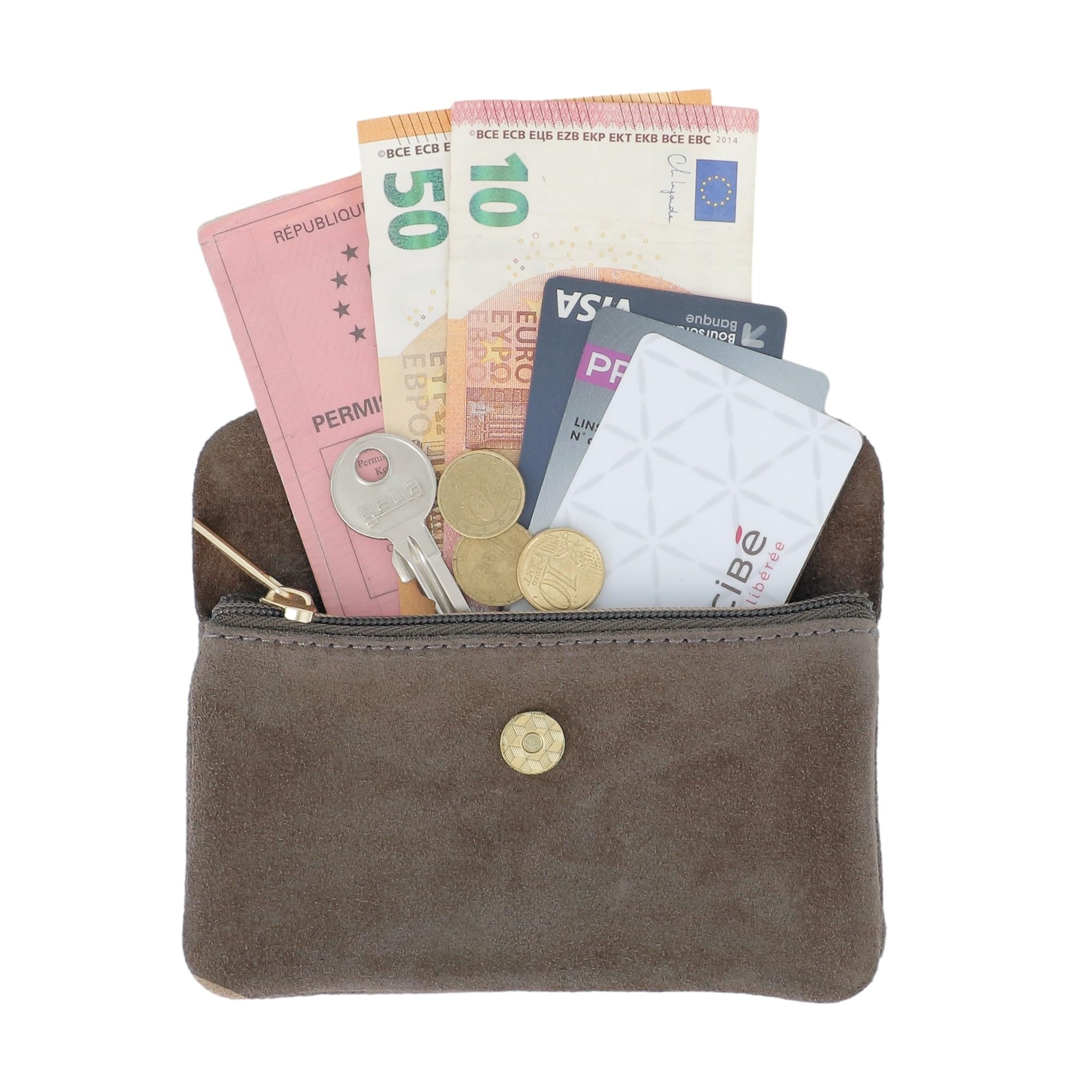 Porte-Monnaie Cartes Vrai Cuir Suédé Souple Femme - Portefeuille Pochette à Rabat - Format Mi-Long Taill M - Léger Fonctionel - Taupe