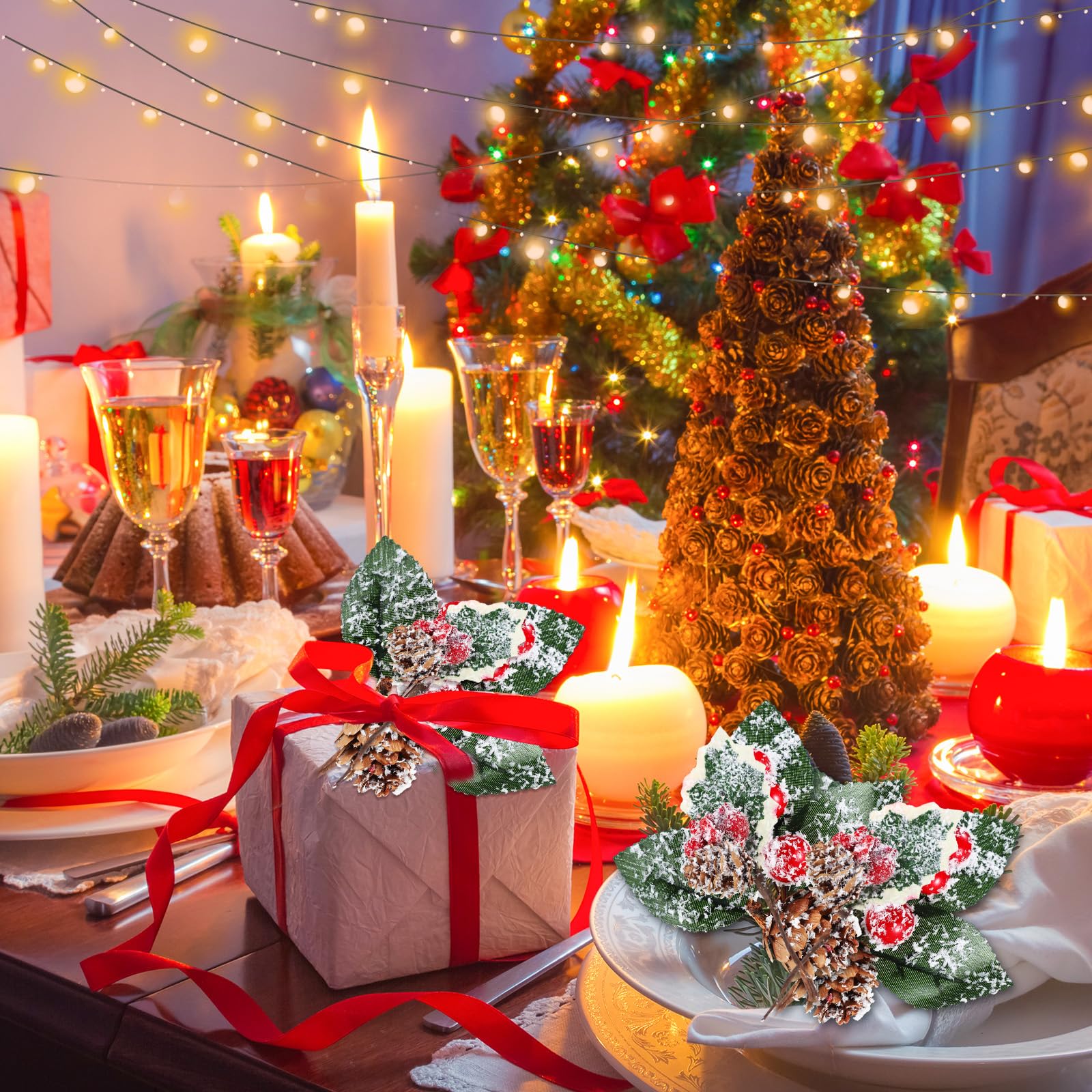 Yunlly Künstliche grüne Tannennadeln, Weihnachtsblumen, künstliche Stechpalme, rote Beeren, Zweigstiel, Tanne, schneebedeckte Zweige Girlande, Großpackung für Baum, Handwerk, Urlaub, Winter