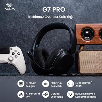 Aula G7 PRO Tri Mode Kablosuz RGB Gaming Mikrofonlu Oyuncu Kulaklığı 7.1 Surround Ses 40mm Driver Düşük Gecikme E-Spor Kulaklık Siyah