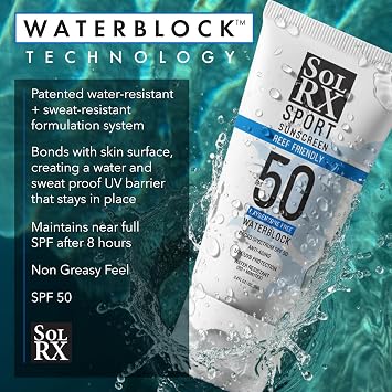 SolRX SPORT SPF 50 Sunscreen, Oxybenzone Free, Broad Spectrum UVA/UVB, Fragrance Free, Reef Friendly