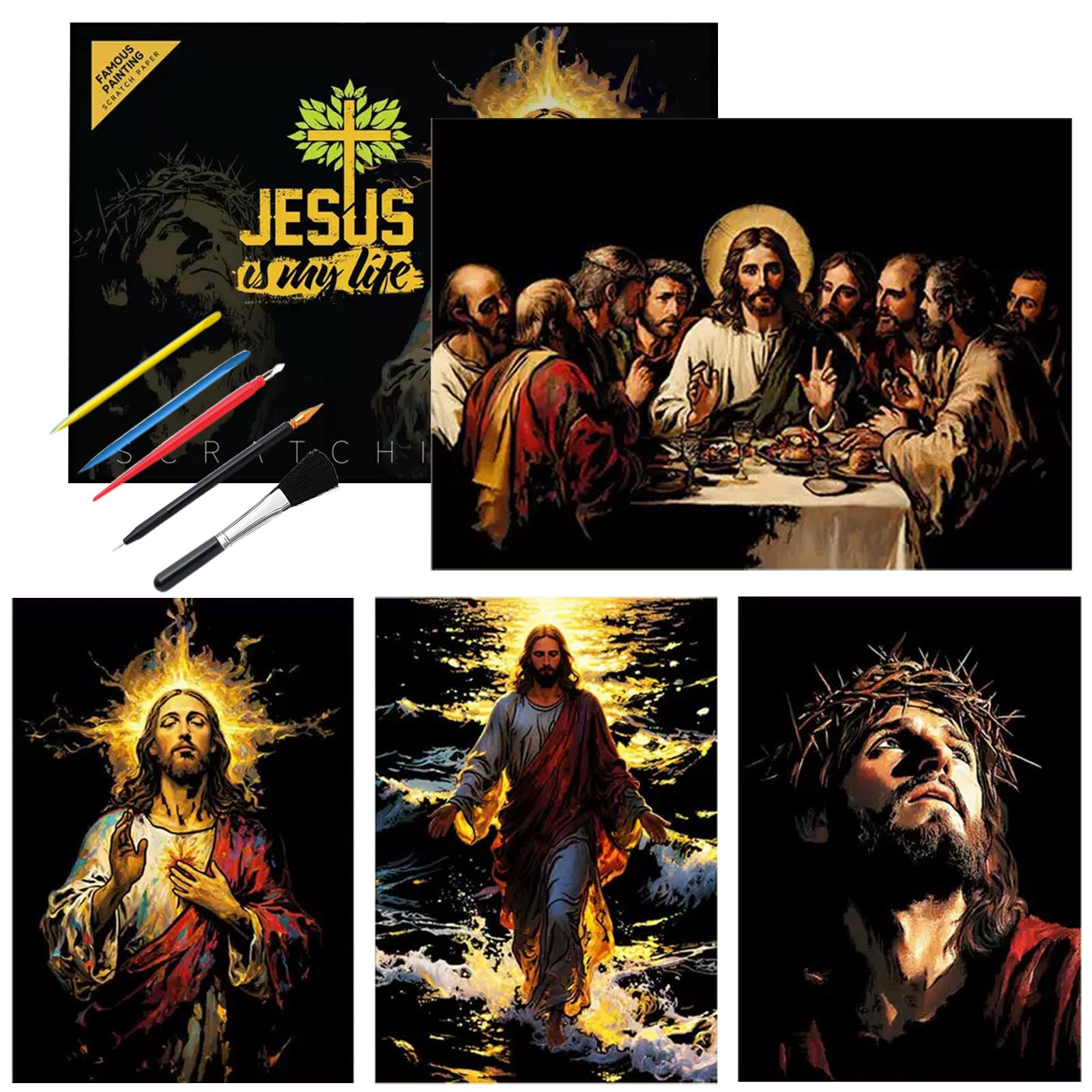 Religious Scratch Art Set for Adults, 4 Sheets Jesus Theme, 16 x 11.2 Inch Black Scratch Off Paper-image-29