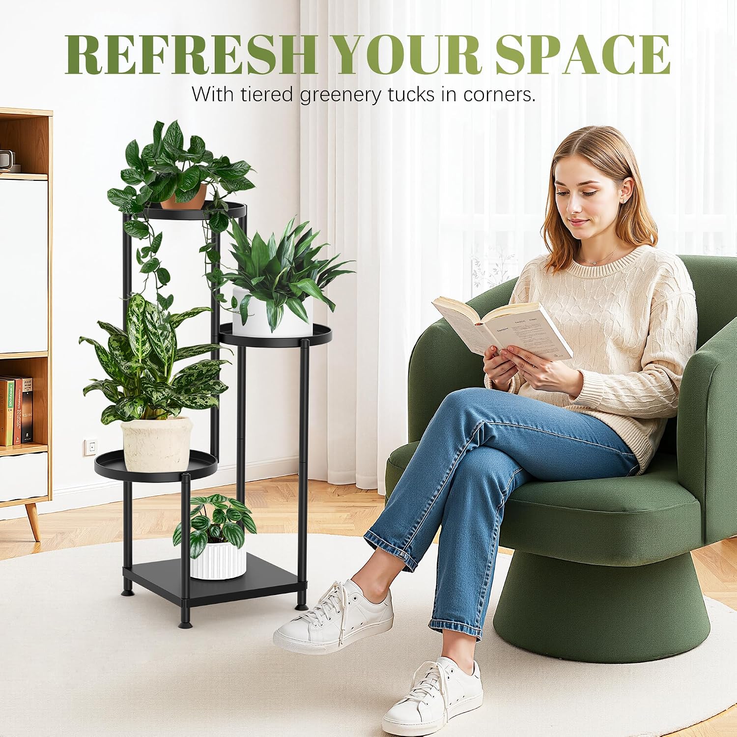 4 Tier Plant Stand Indoor Outdoor, Metal Shelf Holder Corner Black image 5