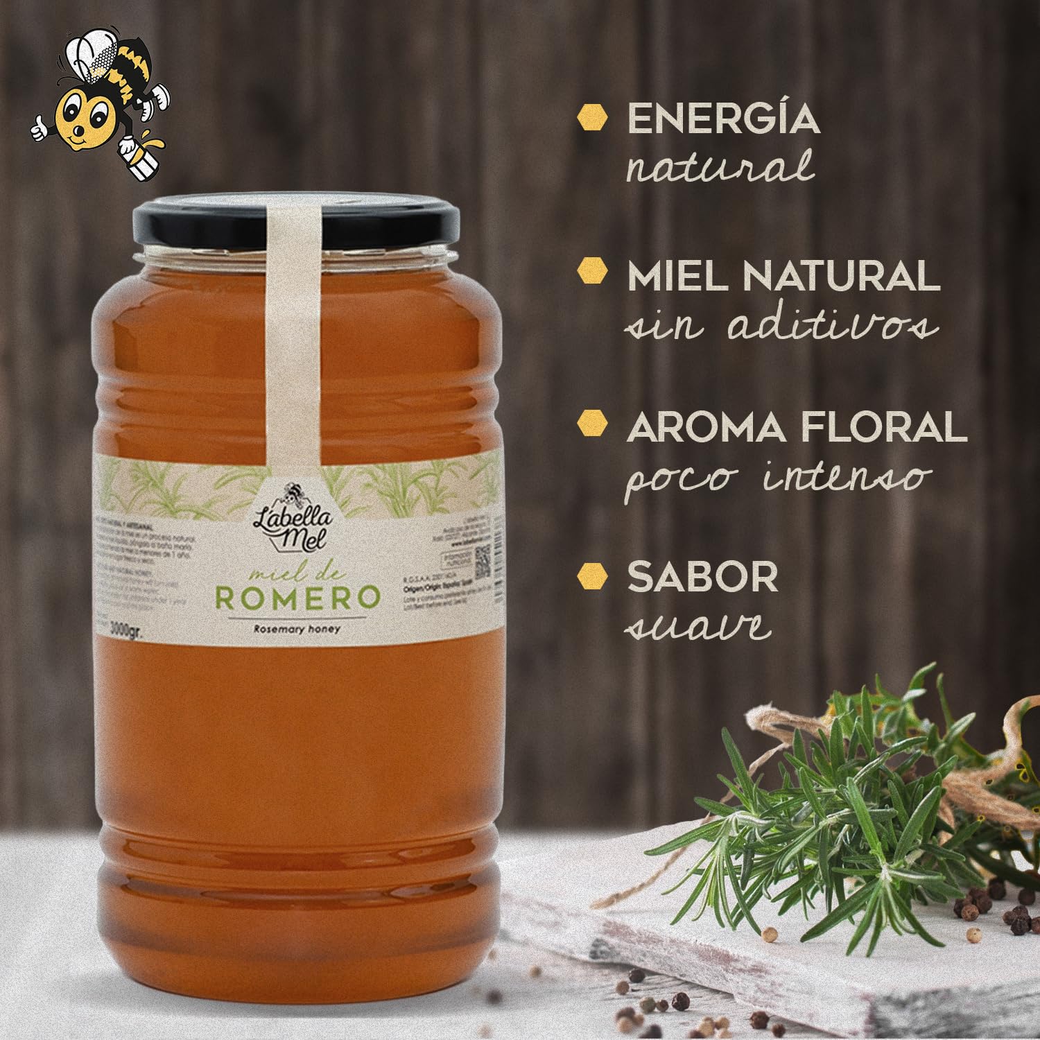 L’abella Mel - Miel de romarin - Miel naturel récolté en Espagne (3kg)