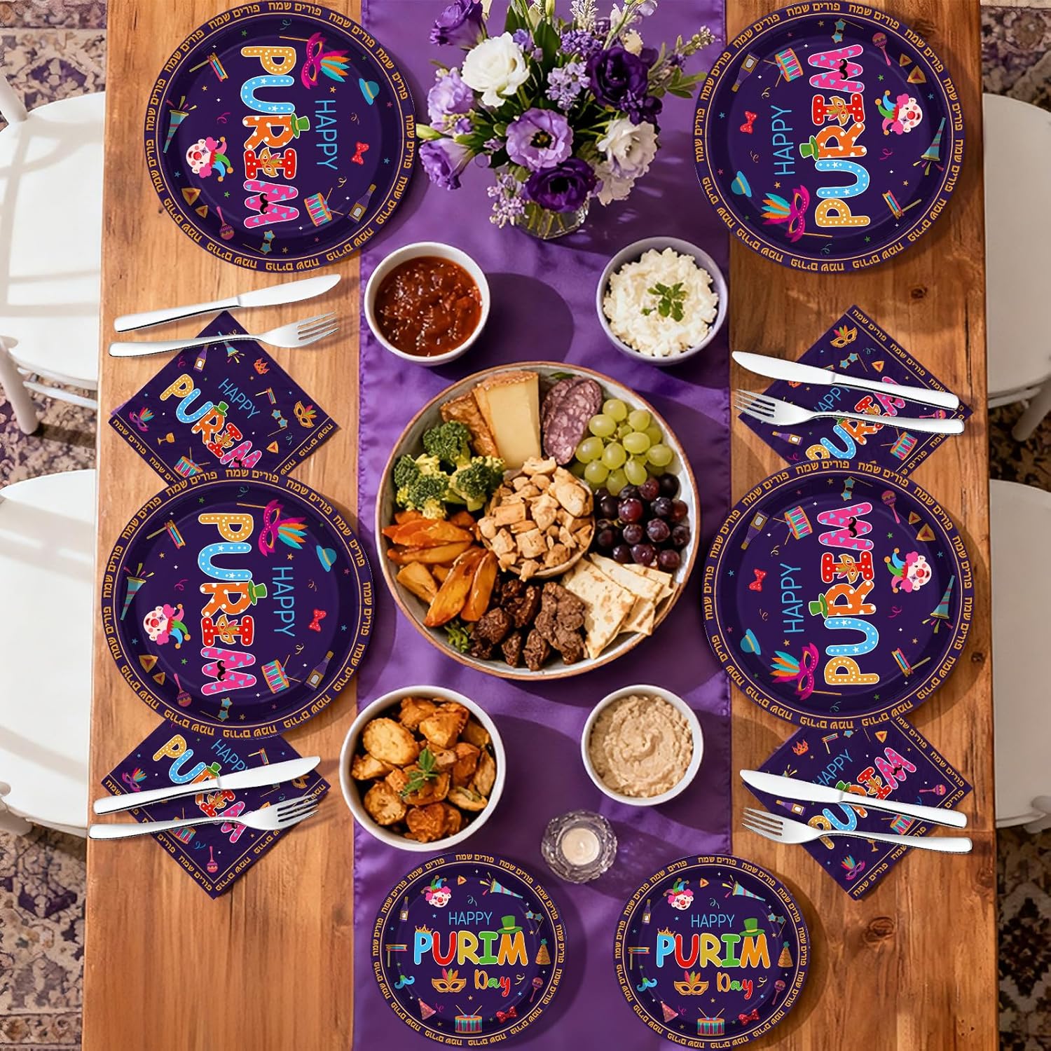 200Pcs Happy Purim Party Decoration Jewish Purim Plates and Napkins Circus Clown Hat Elements Disposable Paper Tableware Set for Jewish Carnival Holiday Festival Party Supplies Serves 50