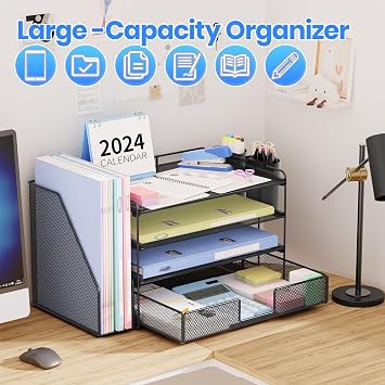 Desktop Organizer with File Holder, 4-Trays Paper Letter Tray Organizer with Drawer and 2 Pen Holders, Desk Organizers and Accessories for Office Supplies, Black (black)