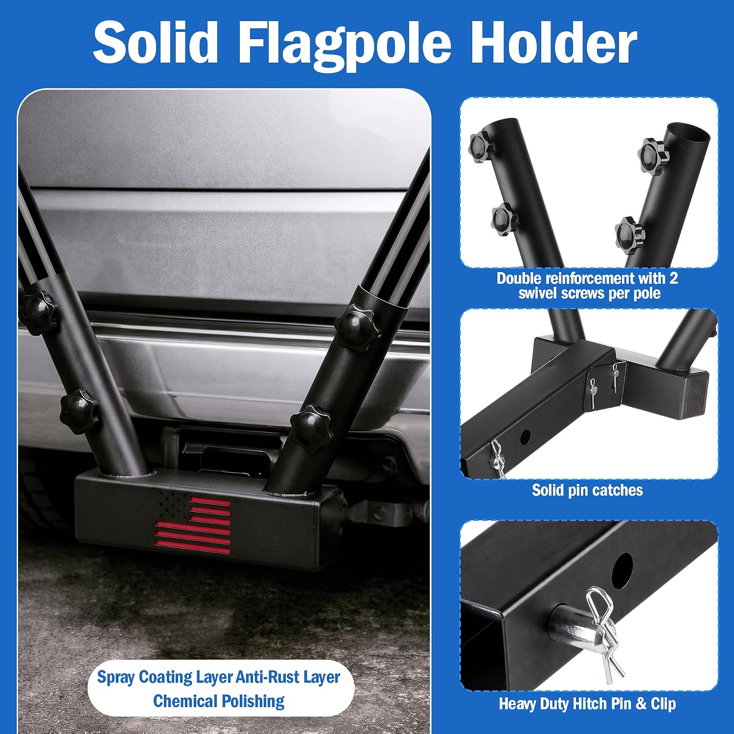 SiliFine Truck Flag Pole with Hitch Holder, Dual-Hole Mount Includes 2-Pack Flagpoles (1" Dia), Heavy Duty Dual Angle Mount for 2" Receivers, Anti-Wobble Design Anti-tangling for Trucks & SUV(5ft)