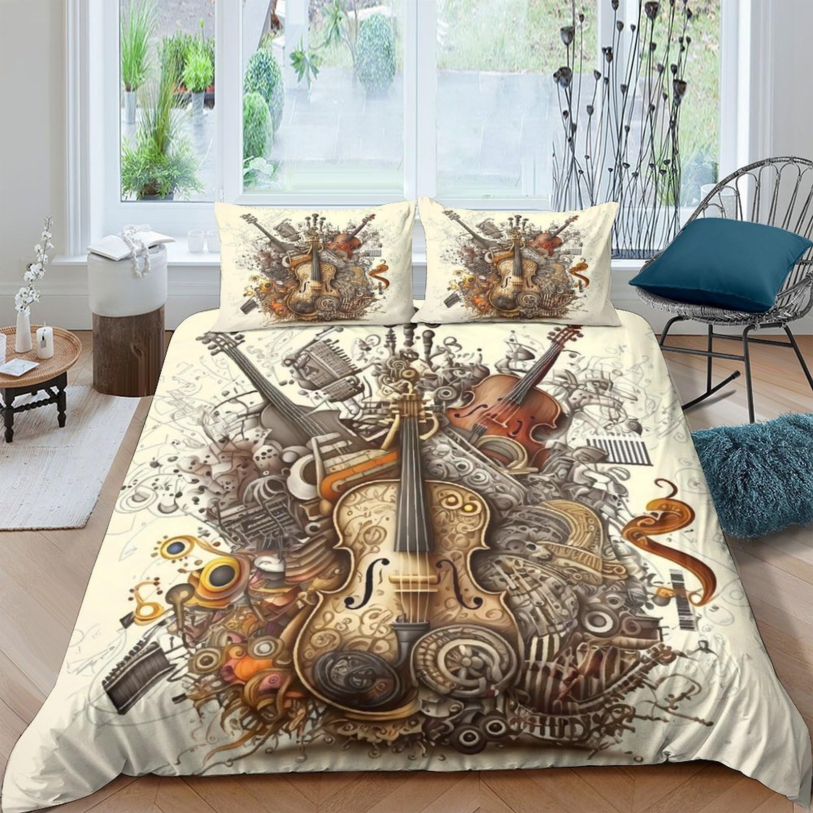 Ctjqhvkz Style-5 3D Printed Vintage Violin Fitted Sheet Microfiber Musical Notes Mattress Cover For Bedroom Living Room Decor Art Single（135X200cm）