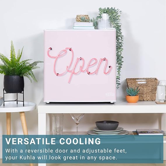 Table Top Mini Fridge with Ice Box 45 Litre Adjustable Thermostat, Door Racks & Removable Shelf, Small Drinks Fridge Pink Open Door Design White KTTF0E6W-1025 [Energy Class E]