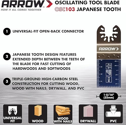 Miniatura 2 de Arrow OSC103-10 - Hoja oscilante de madera dura japonesa para madera dura, madera, PVC, paneles de yeso, universal, se adapta a la mayoría de