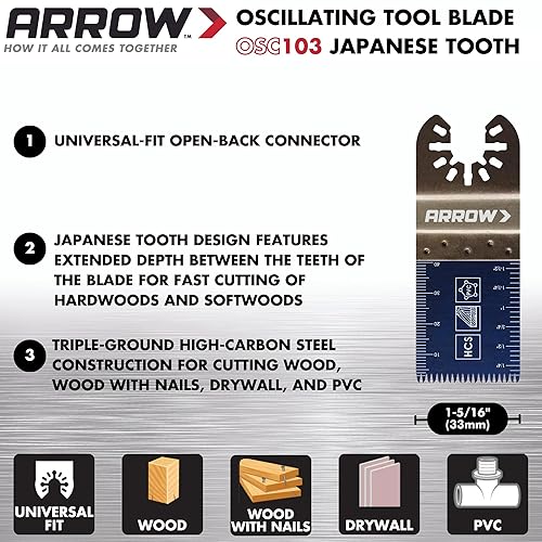 Miniatura 6 de Arrow OSC106-1 Hoja oscilante de dientes japoneses para madera dura, madera, PVC, paneles de yeso, universal, se adapta a la mayoría de
