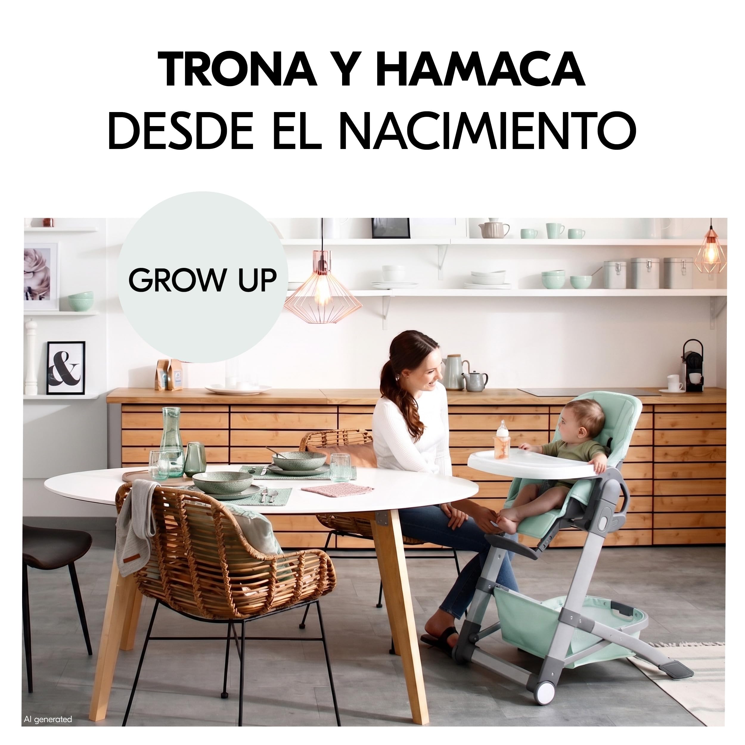 hauck Grow Up Tronas de Bebe Plegables Aptas desde el Nacimiento – Silla Alta con Función Acostada - Bandeja - Ruedas - Altura Regulable - Evolutiva - Portátil - Menta