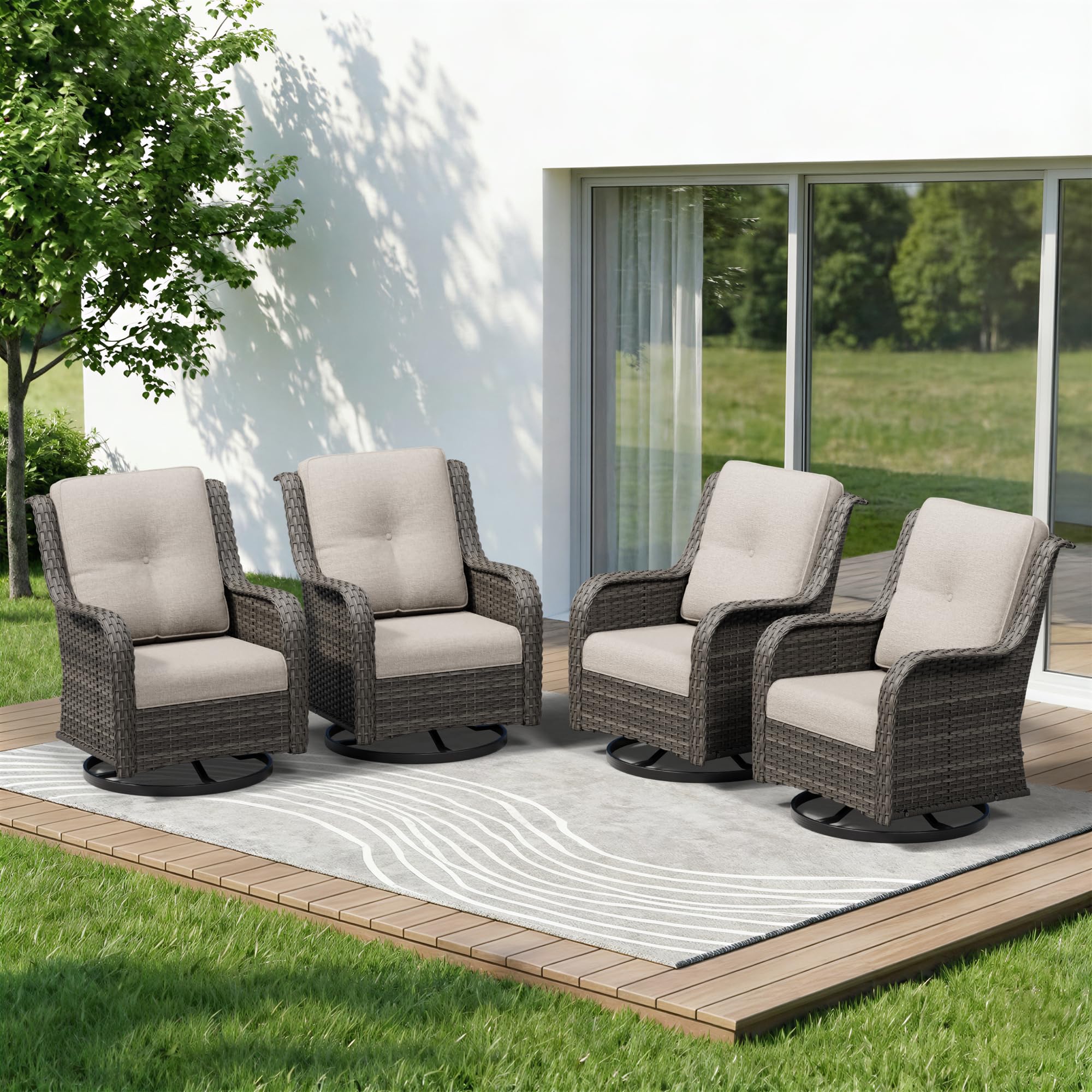 4 Piece Outdoor Swivel Rocker Patio Chairs Set, Patio Chairs Set of 4 with Thickened Olefin Cushions, High Back and Deep Seating, Hand-Woven PE Rattan for Porch, Deck, Beige