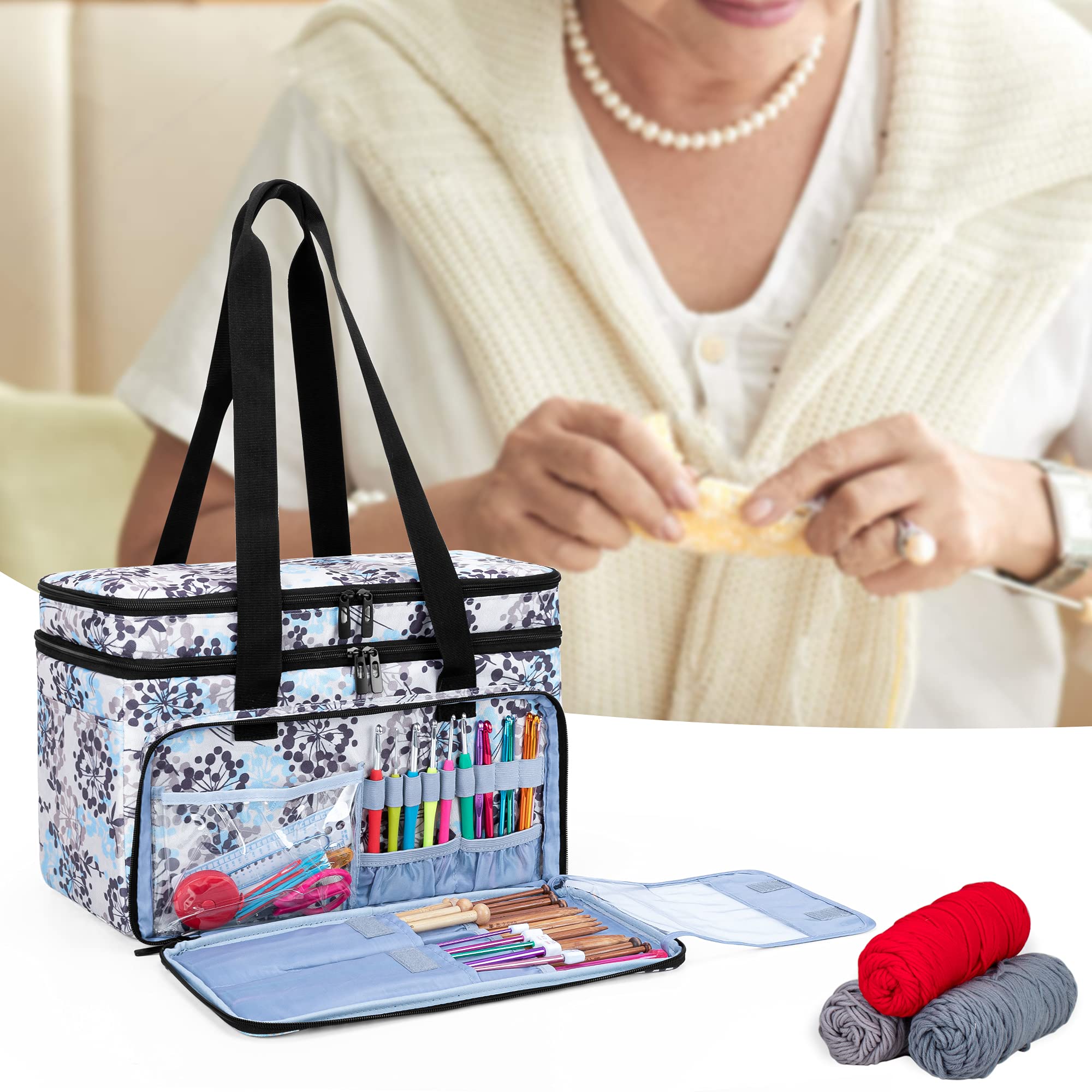 CURMIO Borsa per Lavori a Maglia Doppio Strato, Dente di Leone | Organiser per Filati/ Uncinetto/ Ferri Maglia (Fino a 14 Pollici), Elastici Multipli & Scomparti, 4 Occhielli, Solo Borsa