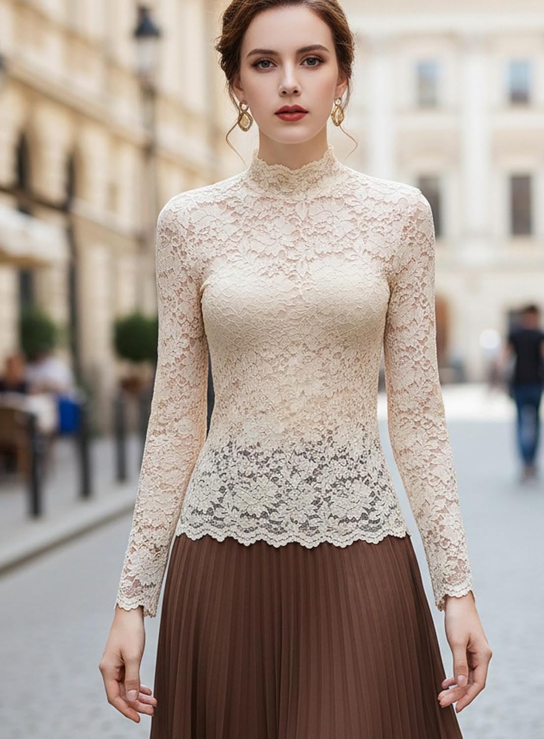 METWAY Lace Top for Women Long Sleeve Lace Shirt Sheer Turtleneck Ruffle Floral Mesh Undershirt Going Out Sexy Blouse - Image 7