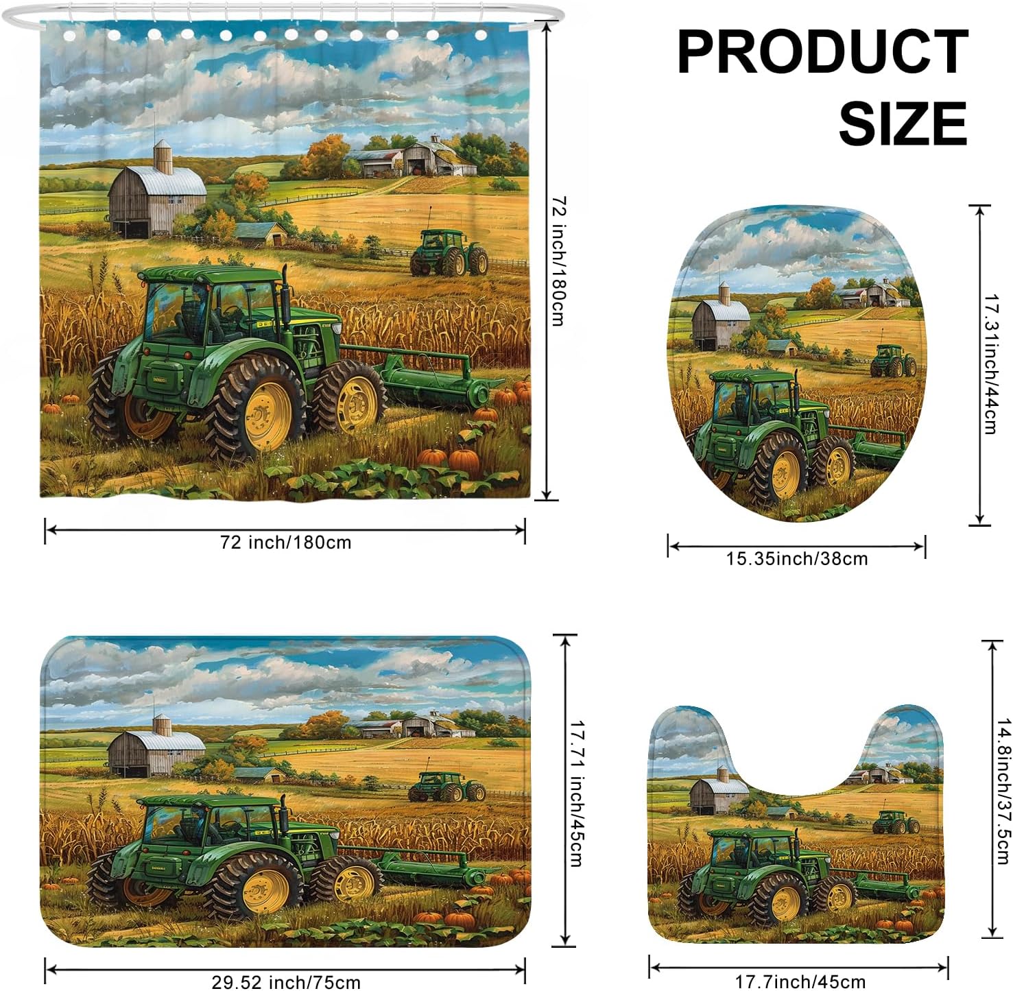 4PCS Fall Green Tractor Bathroom Sets, Bath Accessory with Non-Slip Rug, U Shape and Toilet Lid Cover Mat, Autumn Cool Farmhouse Scene Bathroom Decor-72" x 72"