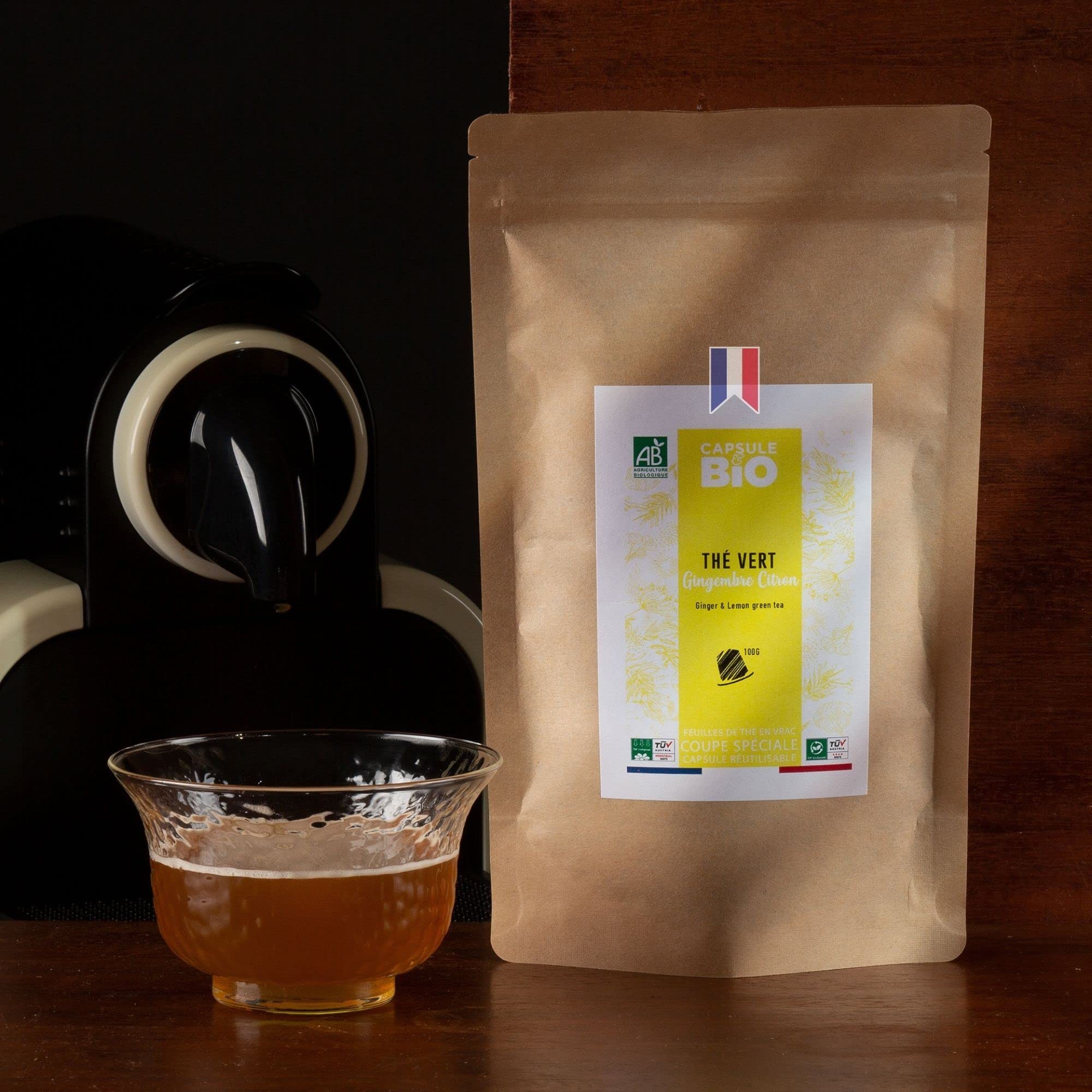 KAPSUL&BIO - Organiczna zielona herbata z cytryną imbiru, opakowanie 125 gr - Natychmiastowy drobny kubek do zimnego lub gorącego naparu - 100% naturalne składniki certyfikowane przez Ecocert - produkcja francuska